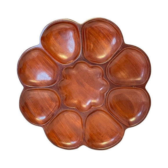Mahogany Wood Divided Plater 15” Flower Shaped Snack Tray - Picture 1 of 6
